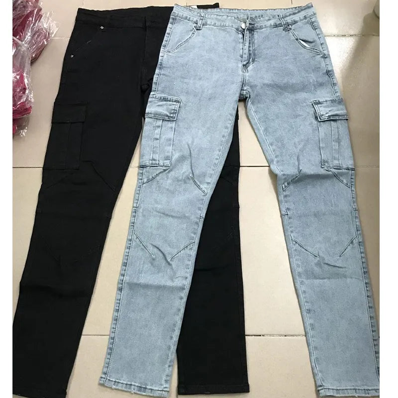 Jeans Men Pants Wash Solid Color Multi Pockets Denim Mid Waist Cargo Jeans Plus Size Fahsion Casual Trousers Male Daily Wear voguable