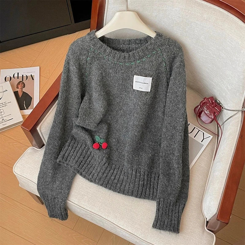 Cute 3D Cherry Sweaters Women Lazy Wind Long Sleeve Knitted Jumpers Japan Loose O Neck Female Kawaii Sweet Pullovers Tops voguable