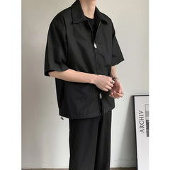 Voguable Summer Short Sleeved Shirt Men Fashion Oversized Zip Shirt Men Korean Loose Black White Dres Shirts Men Ice Silk Shirt M-2XL voguable
