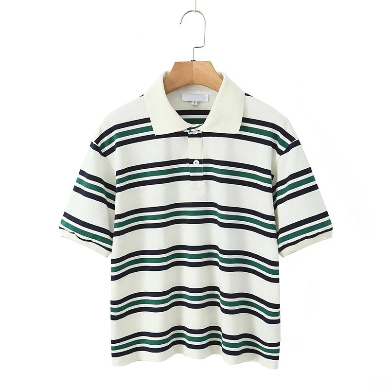 Women American Retro Contrasting Striped T Shirt Women Polo Collar Short Sleeve Preppy Vintage Tees Y2K Tops voguable