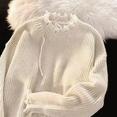 Voguable  Knitted Sweaters for Men Solid Color Crewneck Man Clothes Pullovers Round Collar Plain with Holes Beige Torn Thick Winter Street voguable