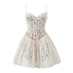 Sexy Hollow out Hole Lace With Wire Corset Style Sling Dress Women Bow lacing up Low Waist Ball Gown Swing Mini Party Robe voguable