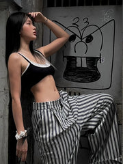 Voguable  Striped Low Waist Wide Leg Pants Women Old Money Style Streetwear Fashion Baggy Trousers Office Elegant Suit Pants 2024 voguable