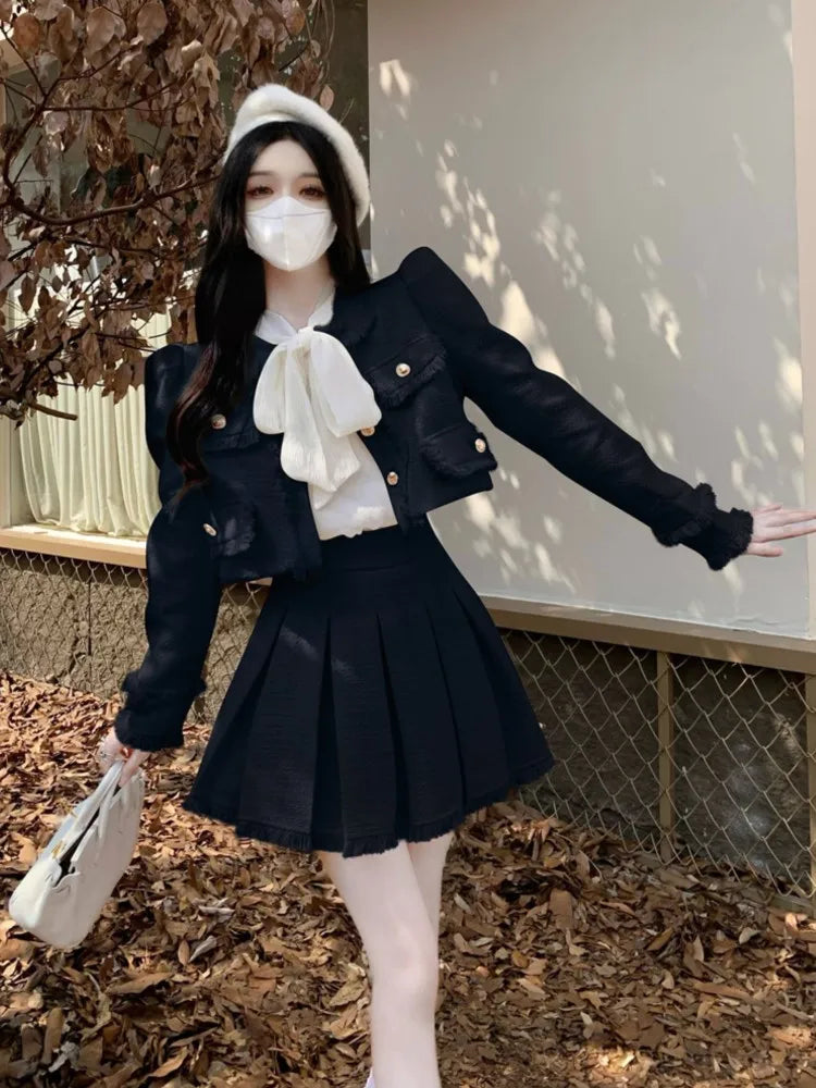 Voguable  Spring New French Vintage Tweed Two Piece Set Women Short Jacket Coat + Pleated Skirt Suits Korean Ladies Luxury Outfits voguable