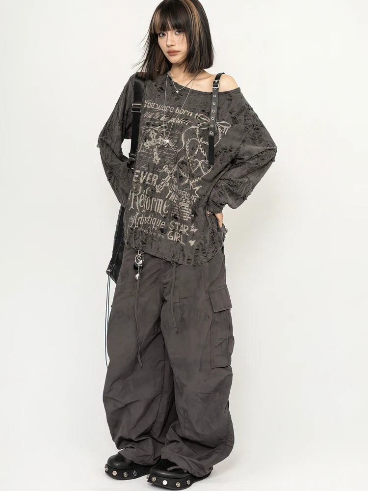 Y2k Long sleeve T shirt Women Off shoulder Oversize Tops Female Spring Autumn Vintage Holes Basic Tees Streetwear Chic voguable