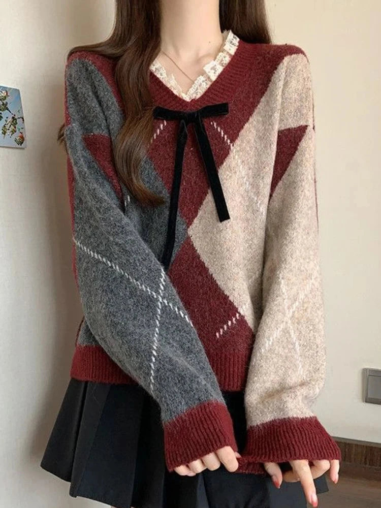 Sweet Bow Argyle Sweaters Women Retro Preppy Style Loose Knitted Pullover Lace Patchwork Long Sleeve Female Vintage Jumpers Fall voguable