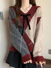Sweet Bow Argyle Sweaters Women Retro Preppy Style Loose Knitted Pullover Lace Patchwork Long Sleeve Female Vintage Jumpers Fall voguable