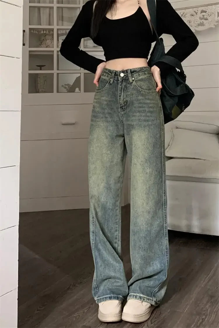 Vintage High-waisted Slimming Jeans American Style Casual Bell Bottoms Versatile Straight-leg Long Pants For Women voguable
