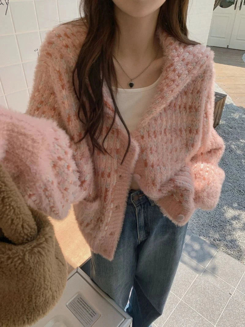 Mohair Sweet Pink Cardigan Sweater Women Elegant Lazy Wind Chic Knitted Coat Loose Long Sleeve Fashion High Quality Tops voguable