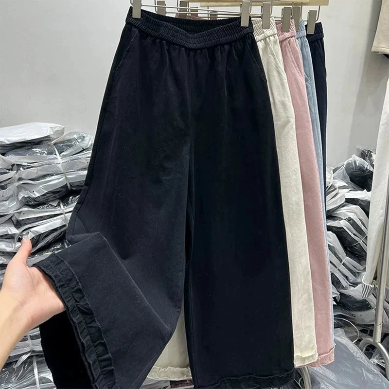 Korean Chic Ruffle Patchwork Ankle Length Pants Women Summer High Waist Loose Wide Leg Pants Elastic Waist Baggy Casual Trousers voguable