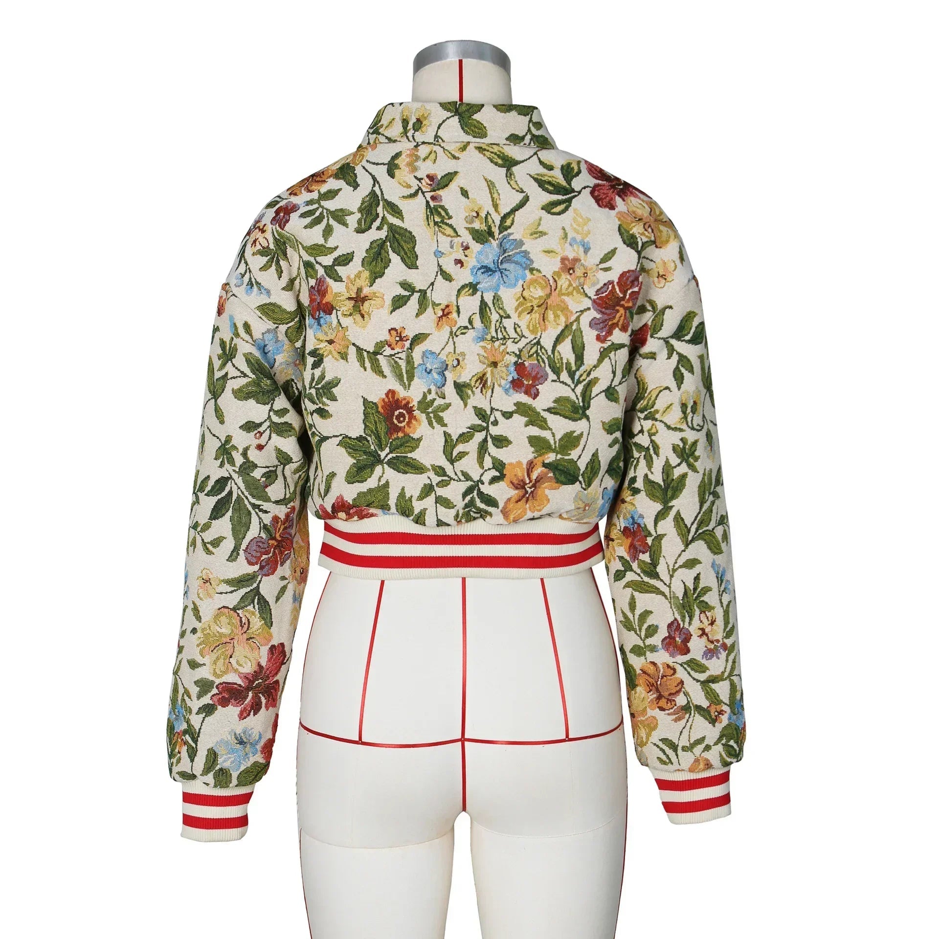 Voguable  Retro Floral Jacquard Varsity Sexy Cropped Jackets Women Autumnn Winter Fashion Long Sleeve Striped Baseball Coats Female voguable