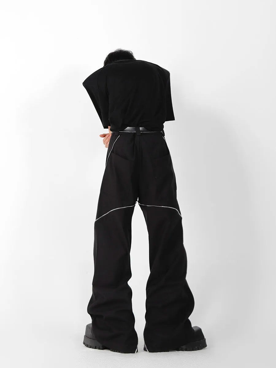 American trendy brand men black zipper design slit slightly flared pants vertical feeling straight casual pants retro trousers voguable