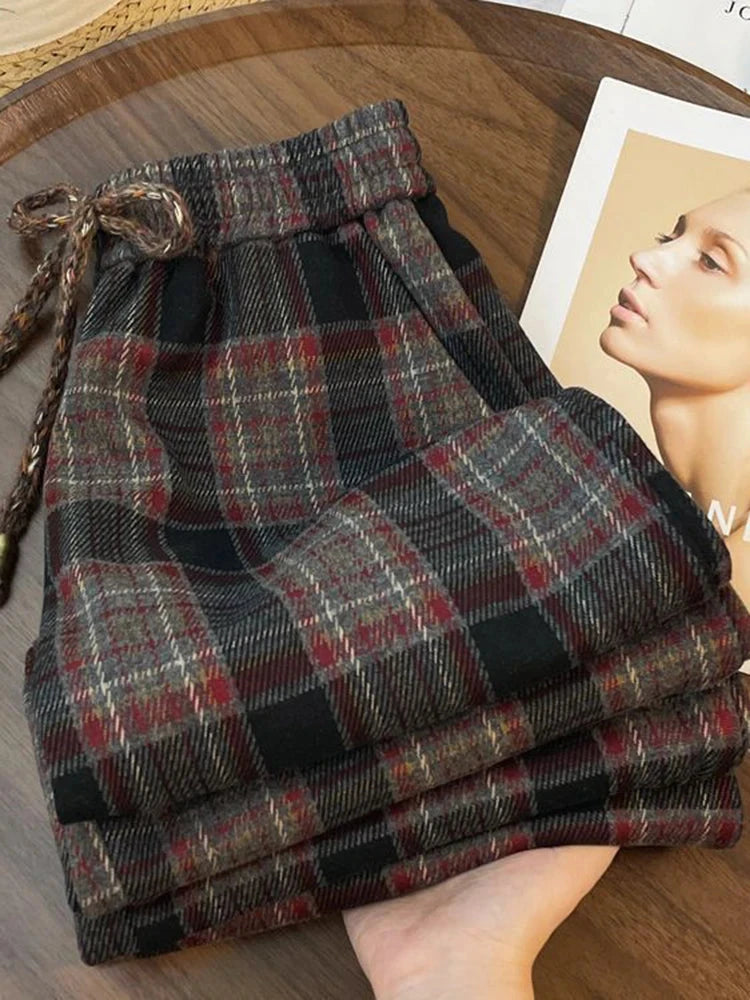 Retro Streetwear Plaid Pants Women Lace Up Loose Hip Hop Straight Trousers High Waist Casual Vintage Harajuku Bf Wide Leg Pant voguable