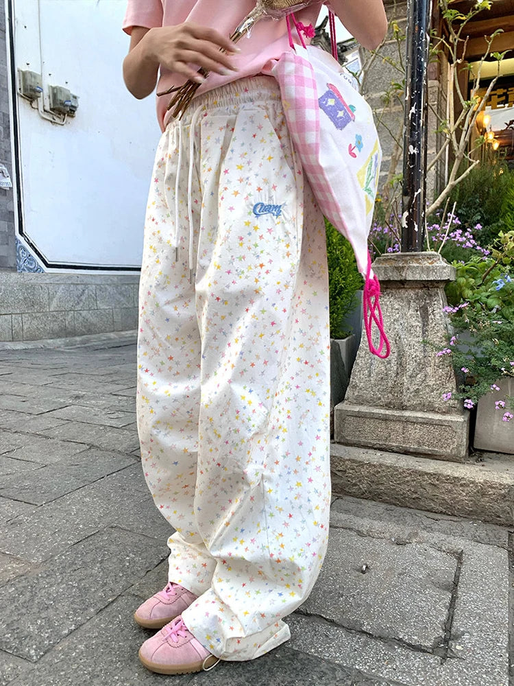 Stars Print Letter Cargo Pants Women Sweet Fashion High Waist Wide Leg Trousers Casual Loose Preppy Style Female Cute Pants voguable