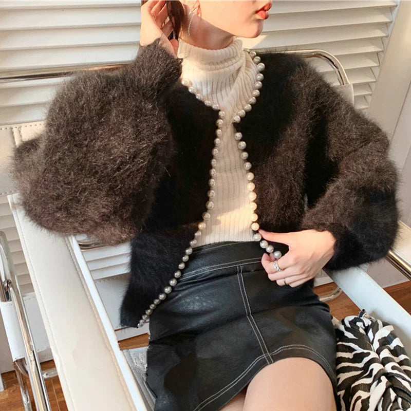 Imitation Mink Soft Women's Cardigan Temperament Pearls Detor Crew Neck Cardigan Woman Autumn Winter Long Sleeve Outwear Lady voguable