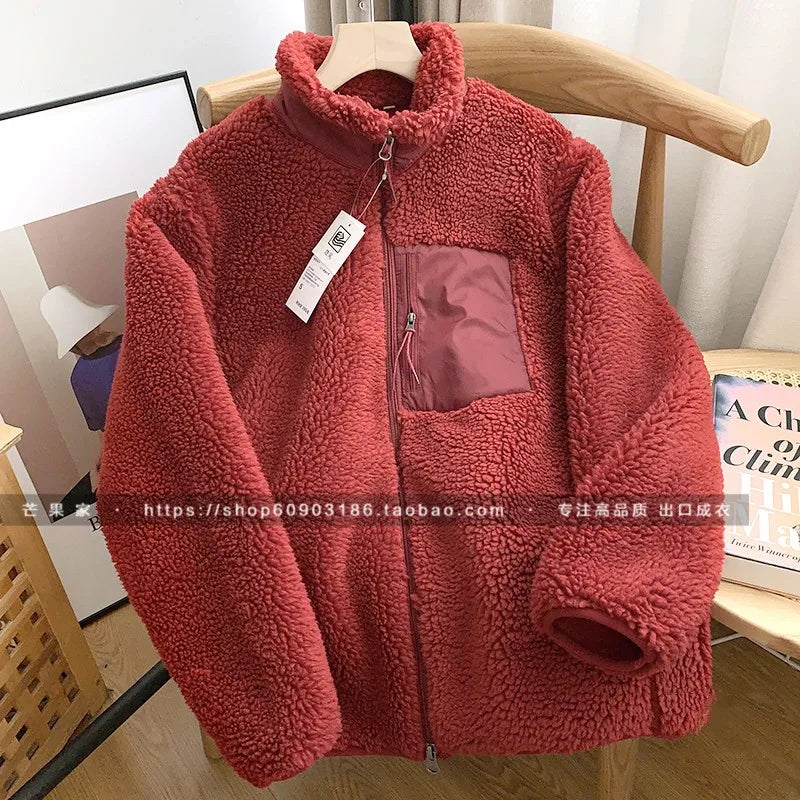 Autumn Winter Lambswool Coat Male Loose Windproof Warm Sherpa Stand Collar Polar Fleece Jacket Unisex Simple  Pocket Spliced Top voguable