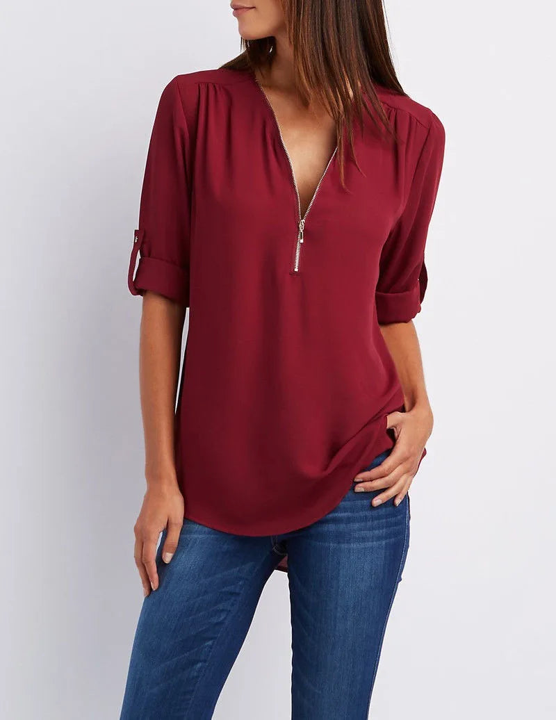 Summer Women Cool Loose Shirt Deep V Neck Chiffon Blouse Casual Ladies Tops Sexy Zipper Pullover Plus Size Long Sleeve Fashion voguable