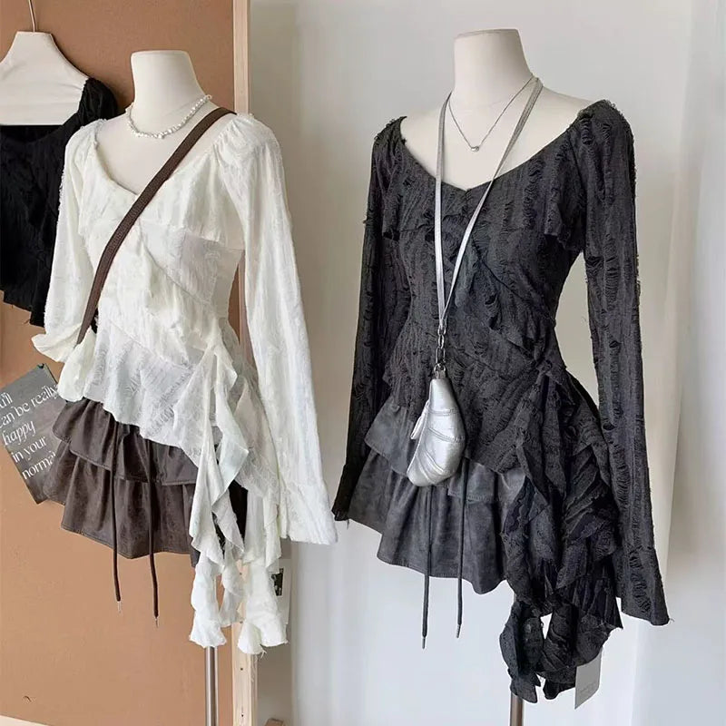 Irregular Patchwork Women T Shirts Y2K Fashion Gothic Ruffled Sleeve Female Tops Streetwear Sexy Hollow Out Hole Casual Tees New voguable