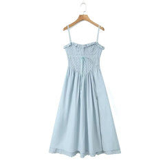 Voguable Summer Women Light Blue Sexy Hem Slit Sling Dress Lacing Up Bandage Back Female Midi Party Dress Robe voguable