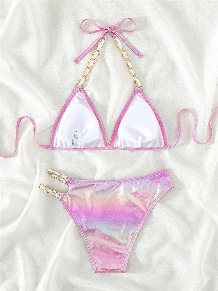 Voguable Push Up Bikini Micro Bikinis Set Pink Gradient Metal Strap Swimsuit Women Sexy Cut Out Bathing Suit High Waist Swimwear voguable