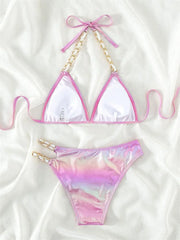 Voguable Push Up Bikini Micro Bikinis Set Pink Gradient Metal Strap Swimsuit Women Sexy Cut Out Bathing Suit High Waist Swimwear voguable
