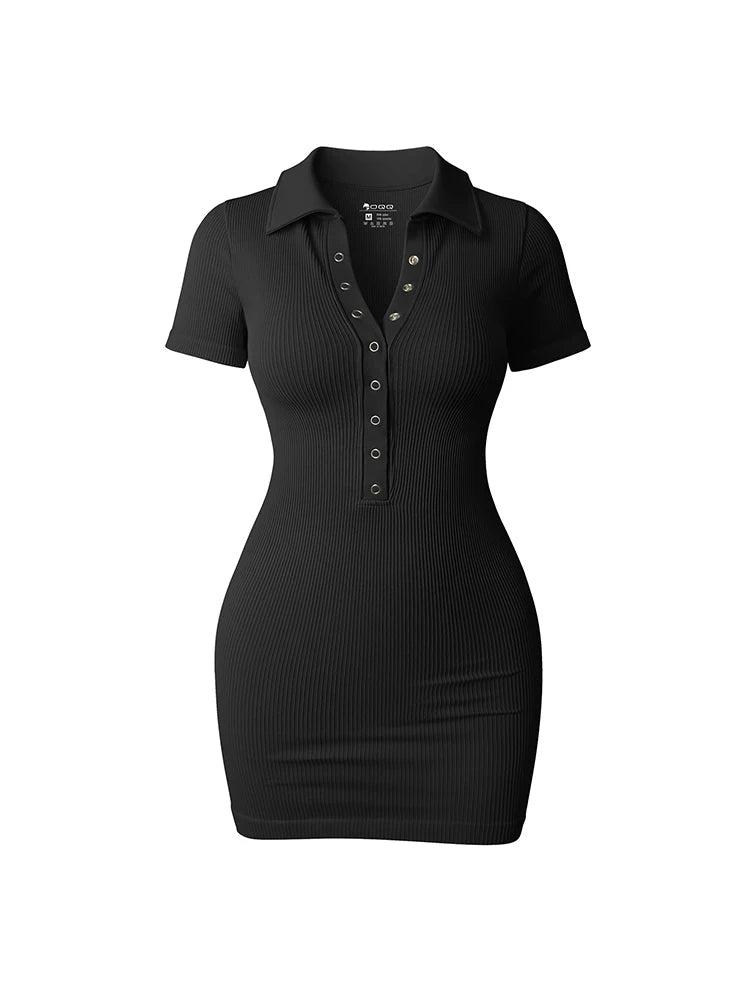 Voguable  Short Sleeve Slit Sexy Mini Dress Elegant Fashion Ribbed V-Neck Dresses For Women Cute Solid Color Summer Dresses voguable
