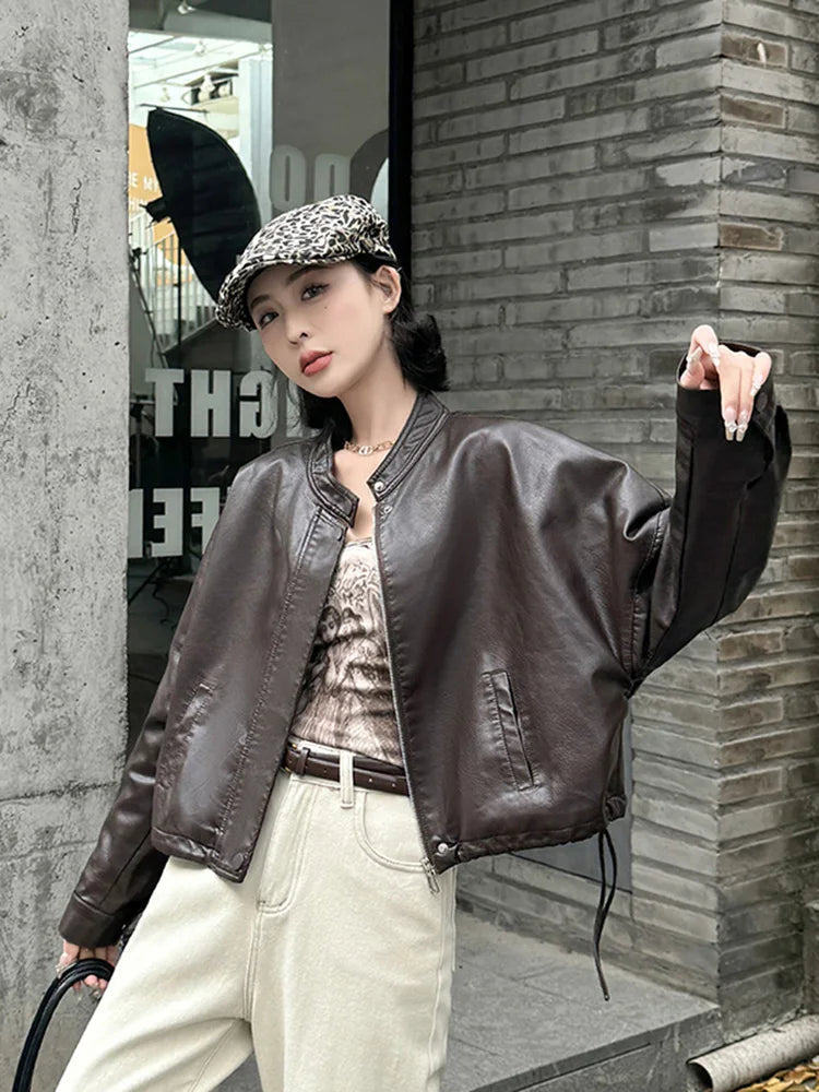 Women Blue Biker Pu Jackets Retro Streetwear Long Sleeve Moto Short Coats Casual O Neck Korean Fall Winter Pockets Outwear New voguable