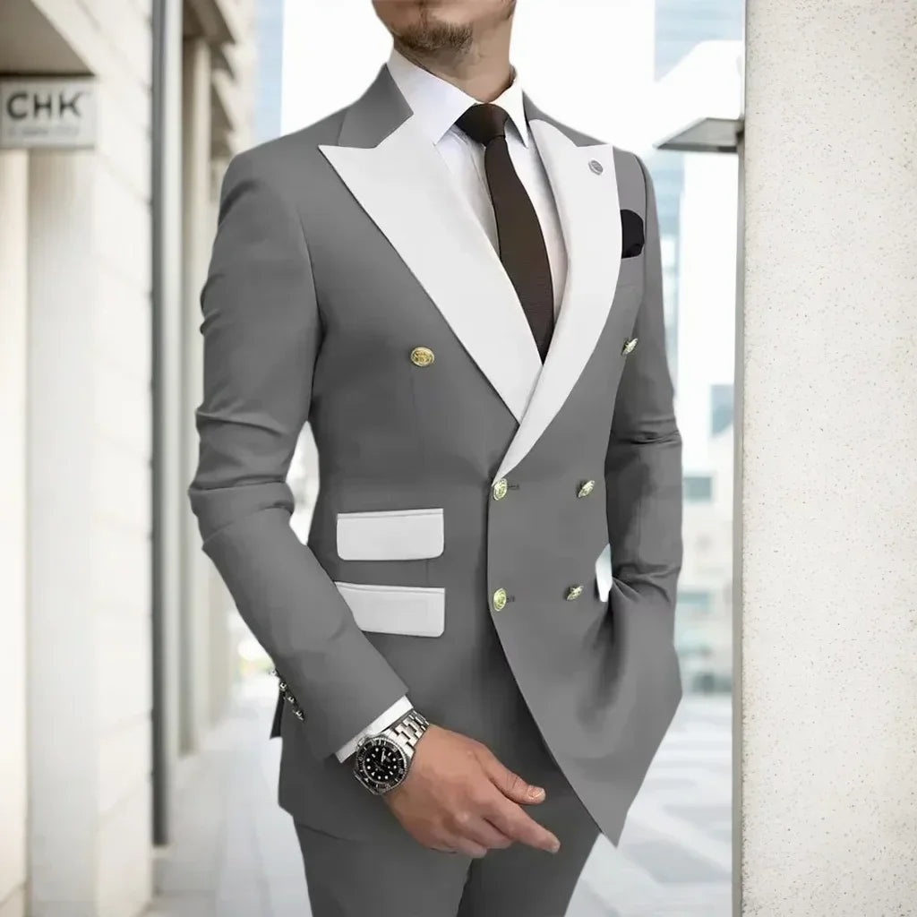 Voguable  Men's Modern Slim Fit Double Breasted Tuxedo Suit with Peak Lapel for Wedding Business Evening Party voguable
