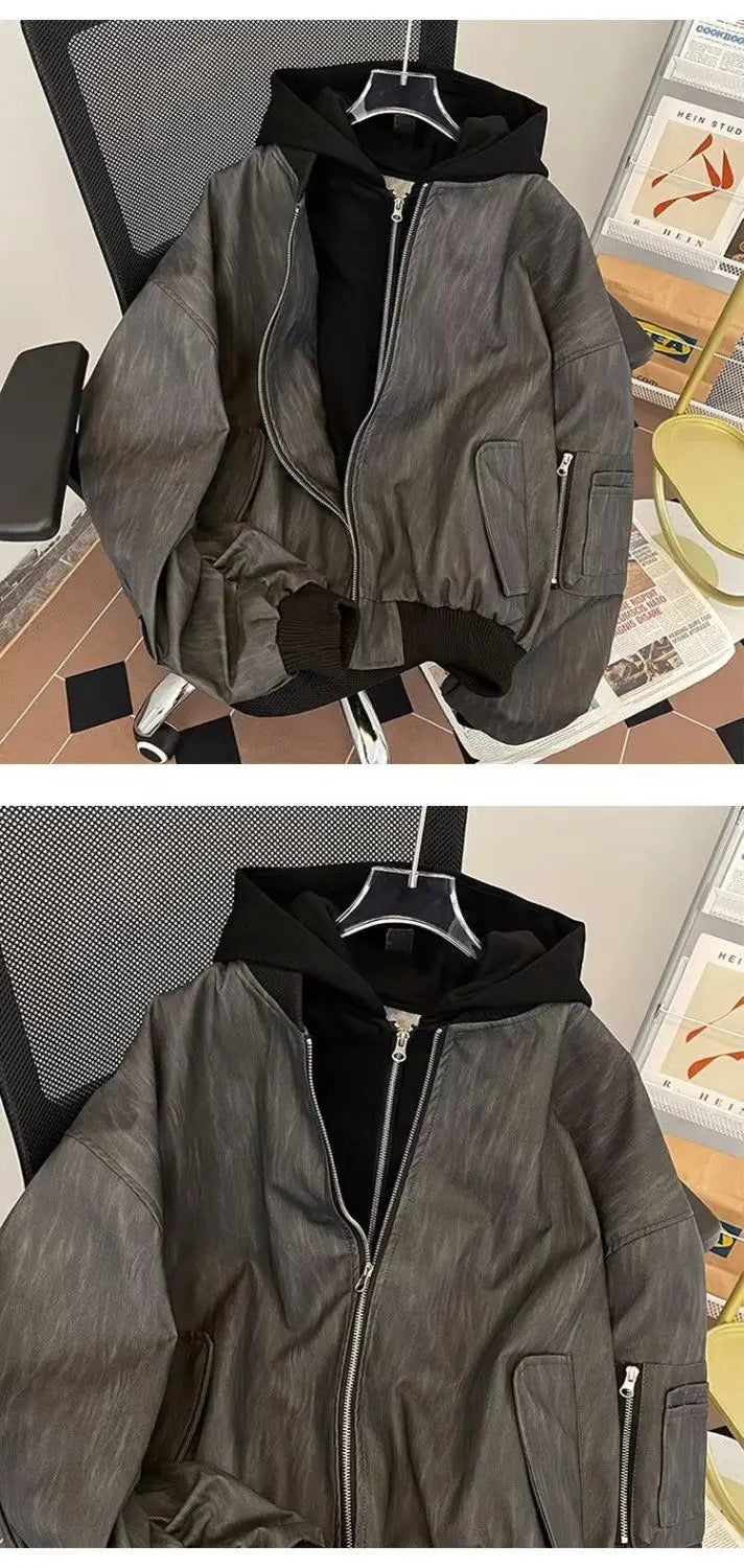 American Double Zipper Jacket Men's Hip Hop Simple Varsity Jacket Loose Fake Two Piece Hooded Outdated PU Leather Coat voguable