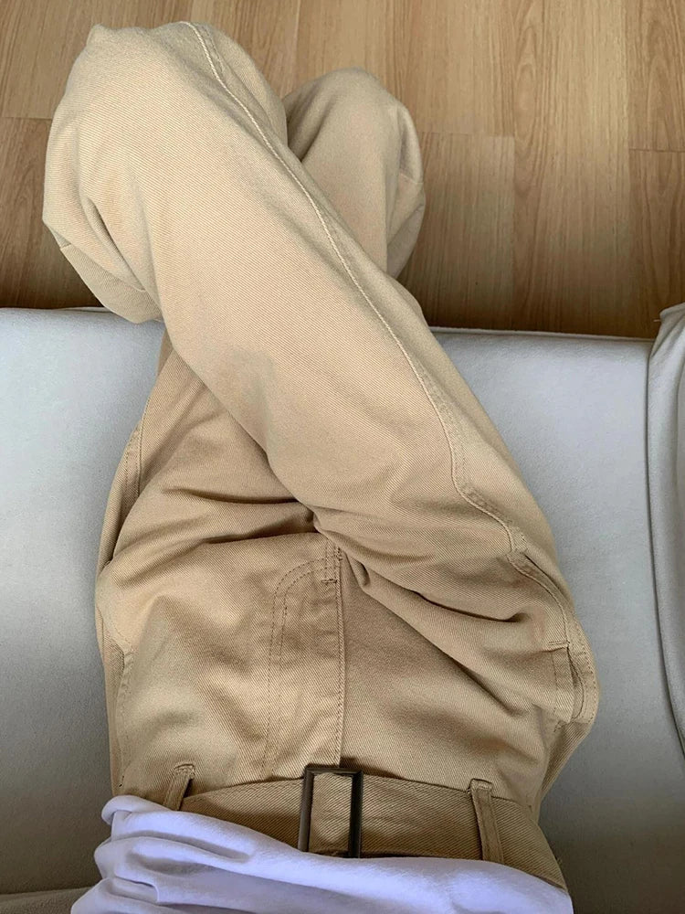 Y2K Vintage Belt Jeans Women Loose American High Waist Hip Hop Denim Pant Harajuku Retro Pockets Streetwear Khaki Trousers New voguable