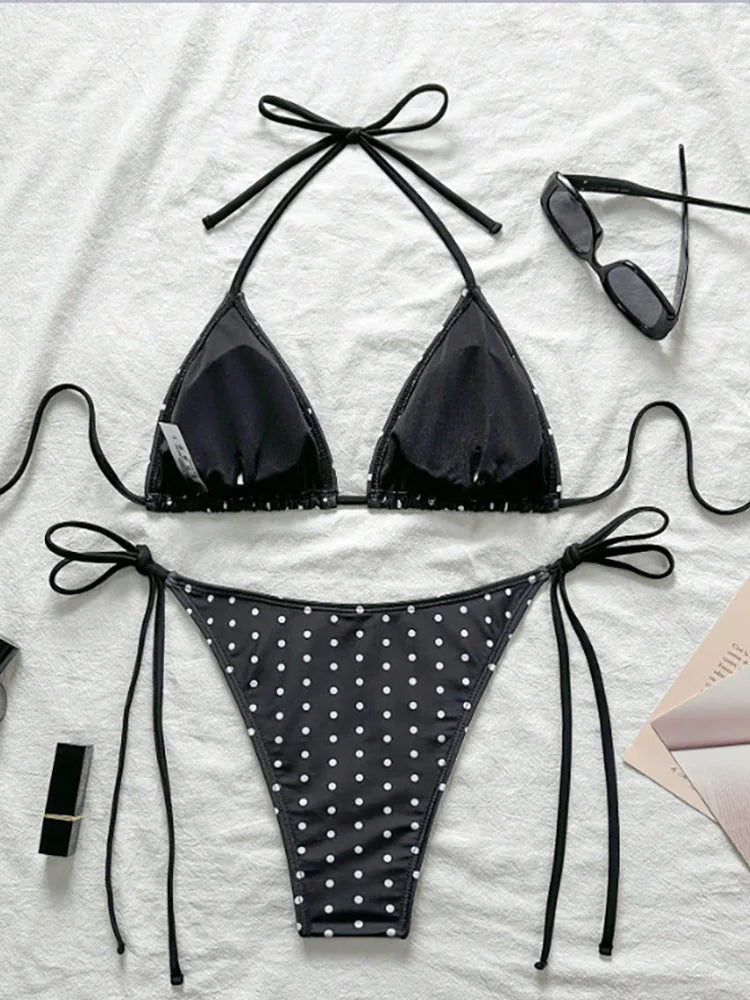 Voguable  Sexy Lace Up Polka Dot Vacation Bikinis Women Split Swimsuit Beach Bikini New All Season Backless Bikinis 2 Piece Set voguable