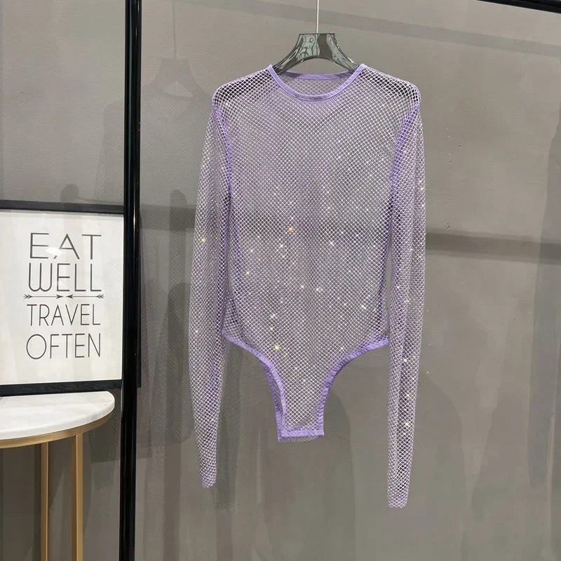 Voguable  Sexy Mesh Hollowed Out Jumpsuit T-shirt Rhinestone Round Neck Tight See-through One-piece Bottoming Shirt Ms voguable