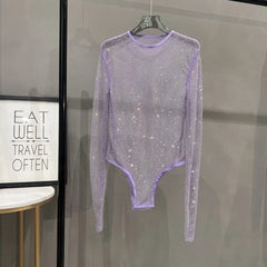 Voguable  Sexy Mesh Hollowed Out Jumpsuit T-shirt Rhinestone Round Neck Tight See-through One-piece Bottoming Shirt Ms voguable