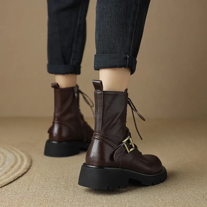 Platform Boots Cross-Tied Women Ankle Boots Side Zipper Leisure Motorcycle Boots Autumn Winter Round Toe Casual Outdoor New voguable