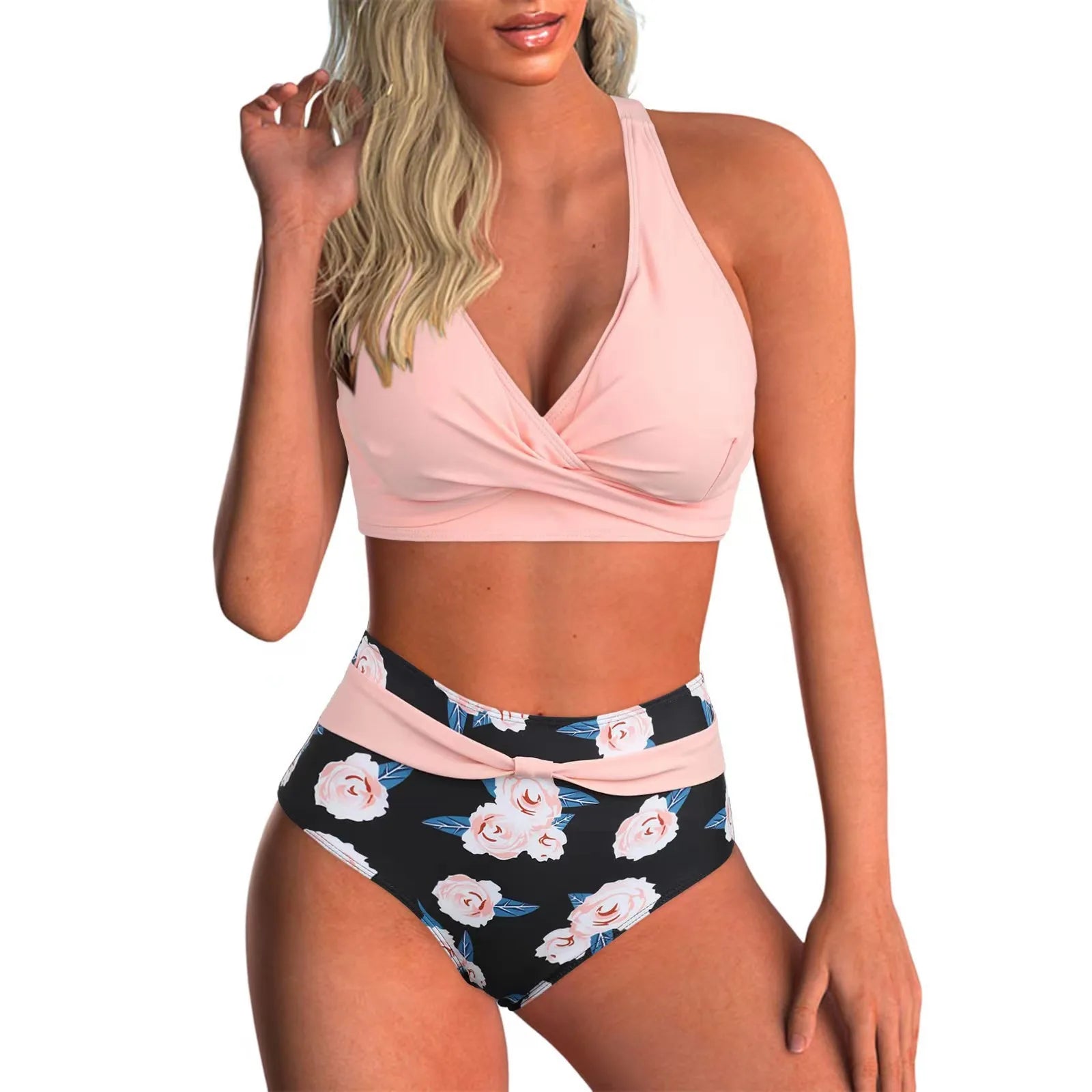 Voguable  Sexy Lace Up V Neck Bikinis Women Split Swimsuit High Waist Beach Bikini New All Season Backless Bikinis 2 Piece Set voguable