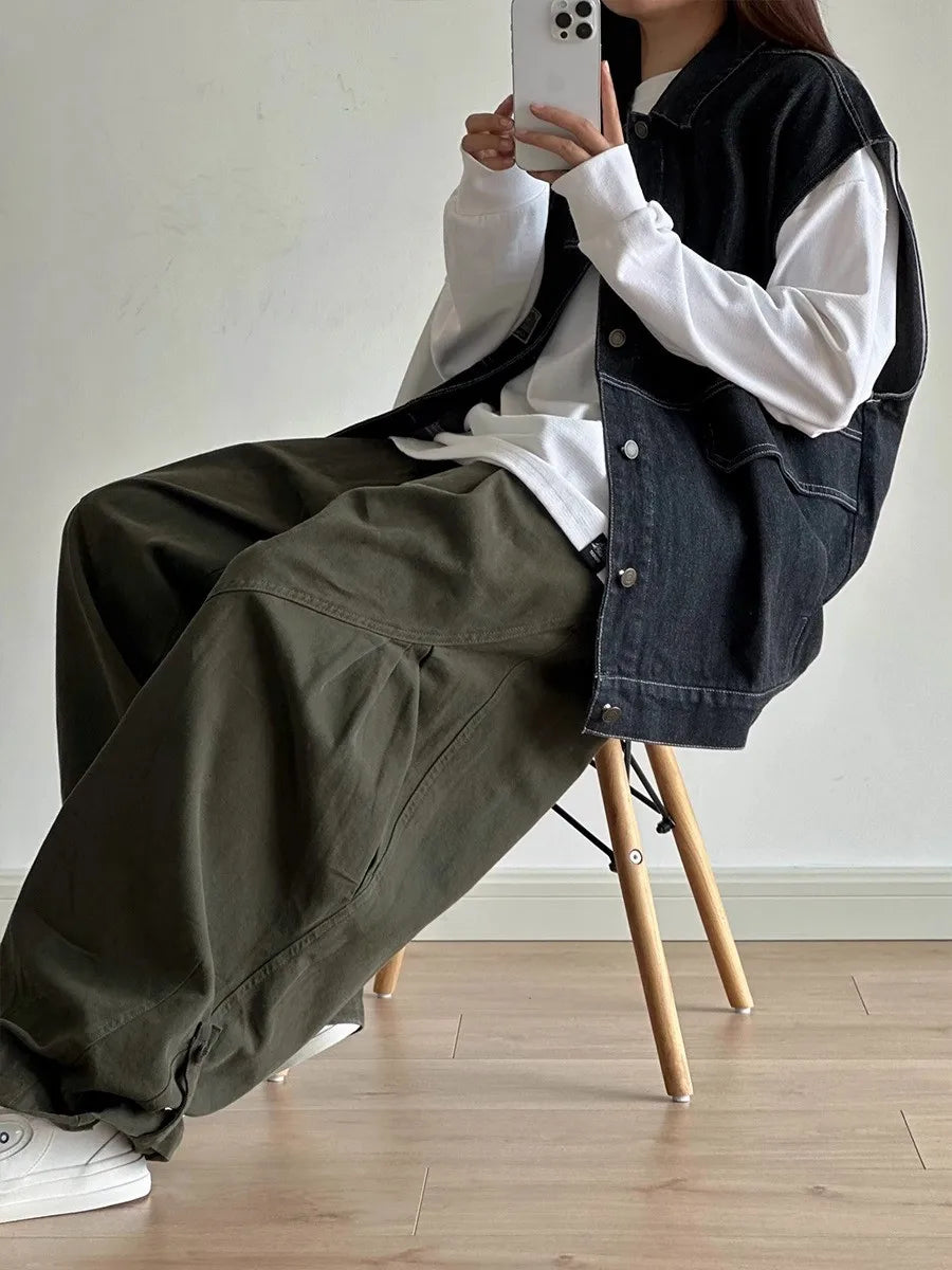 Voguable  Spring Summer New Wide Leg Pleated Workwear Trousers Casual Loose American Retro Unisex Pure Color Match All Japanese Style voguable