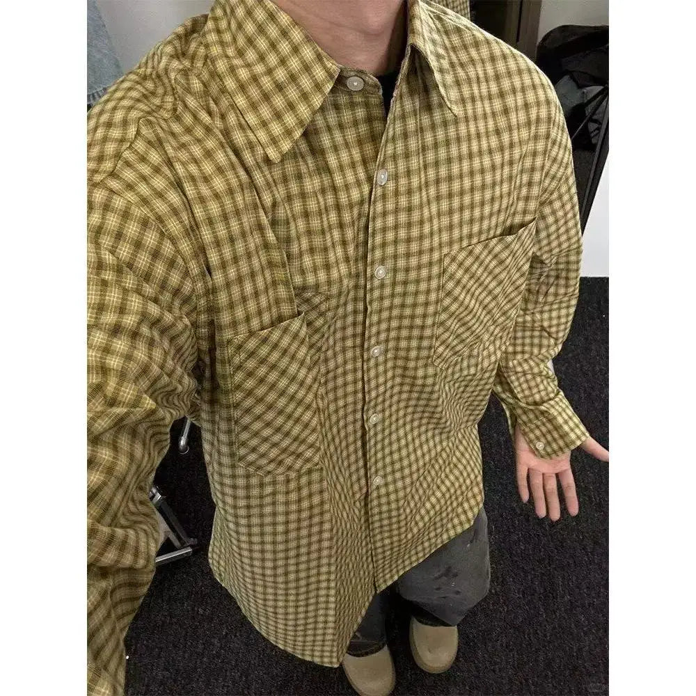 American Retro Yellow Plaid Shirt Men Women Spring and Autumn Korean Casual Loose Sun Protection Thin Couple Fashion Trend Shirt voguable