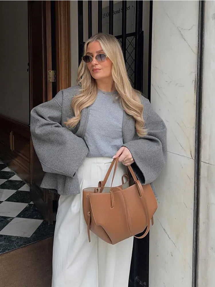 Women Casual Grey Single Button Woolen Cardigan Coat Long Sleeve V Neck Loose Jacket Autumn Winter Female High Street Outerwear voguable