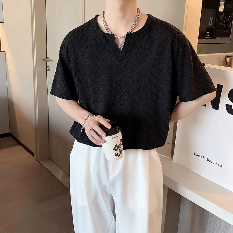 Voguable Summer Short-sleeved T-shirt Men Fashion Casual Black White Pleated T-shirt Men Streetwear Korean Loose V-neck T Shirt Men Tops voguable