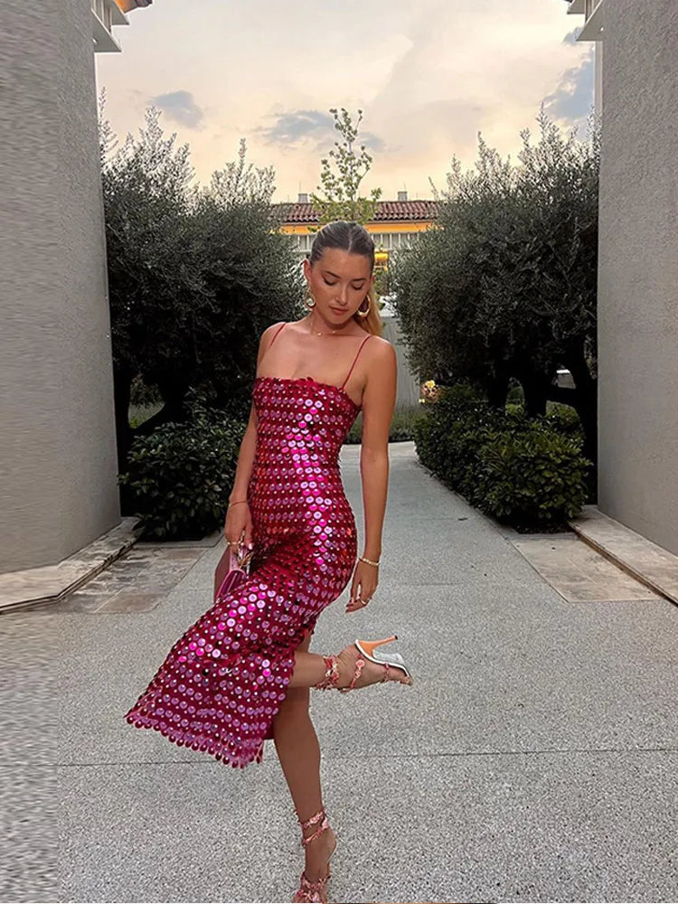 Sequined Tube Top Strap Dress Women Sexy Sleeveless Slim Solid Straight Long Vestidos Fashion Backless Slip Split Evening Robe voguable