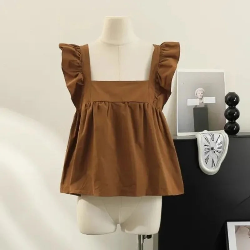 Voguable  Elegant Sweet Square Collar White Blouses New Ruffles Flying Sleeve Shirts Summer Backless Bow Vest for Women voguable