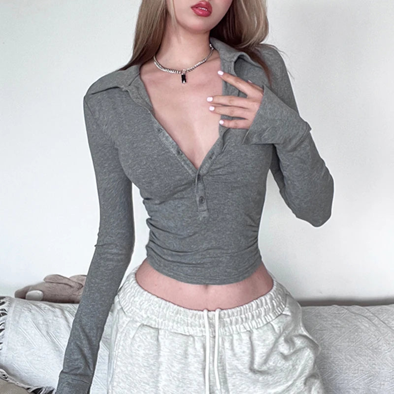 Voguable Casual Basic Button-up Turn-down Collar Knitted Cropped Top Women Chic Elegant Slim-fit Long Sleeve T-shirts Autumn Tee voguable