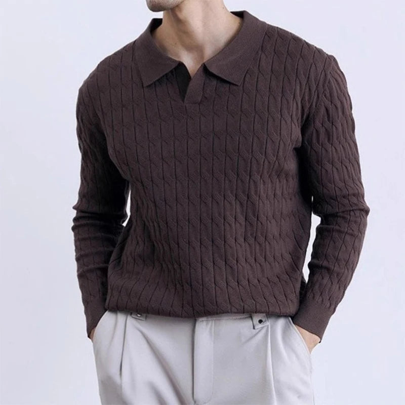 New American Fashion Jacquarded Men Polo Sweater Light Luxury V Neck Knit Solid Color Long-sleeved Tops Premium Quality Knitwear voguable