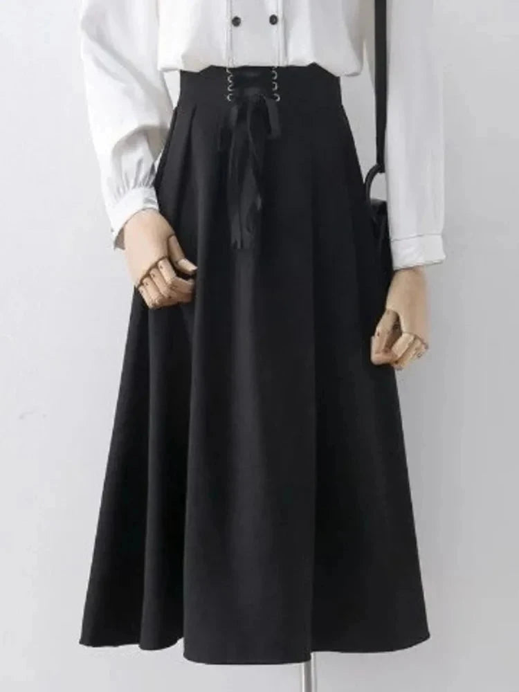 Preppy Style Vintage Long Skirts Women High Waist Sweet Loose A Line Skirt Lace Up Retro Fall Winter Female Elegant Long Skirts voguable
