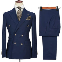 Voguable Navy Blue Men Suits Slim 2 Piece Fashion Peak Lapel Double Breasted Male Suit Business Casual Wedding Tuxedo Blazer with Pants voguable
