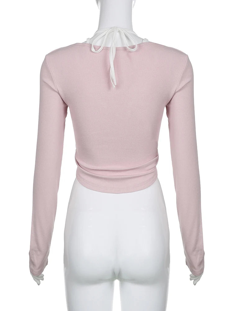 Voguable  Lace Patchwork Fake Two Piece T-shirt Coquette Aesthetic Kawaii Crop Top Janpanese Fashion Button Up Cardigan Women voguable