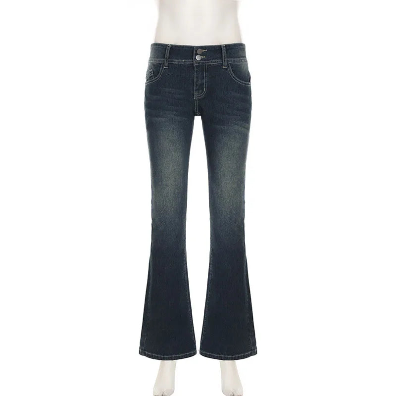 American Retro Low Waist Jeans Women Y2K Streetwear Slim Cowboy Flared Pants Mujer Harajuku Washed Button Pockets Denim Trousers voguable