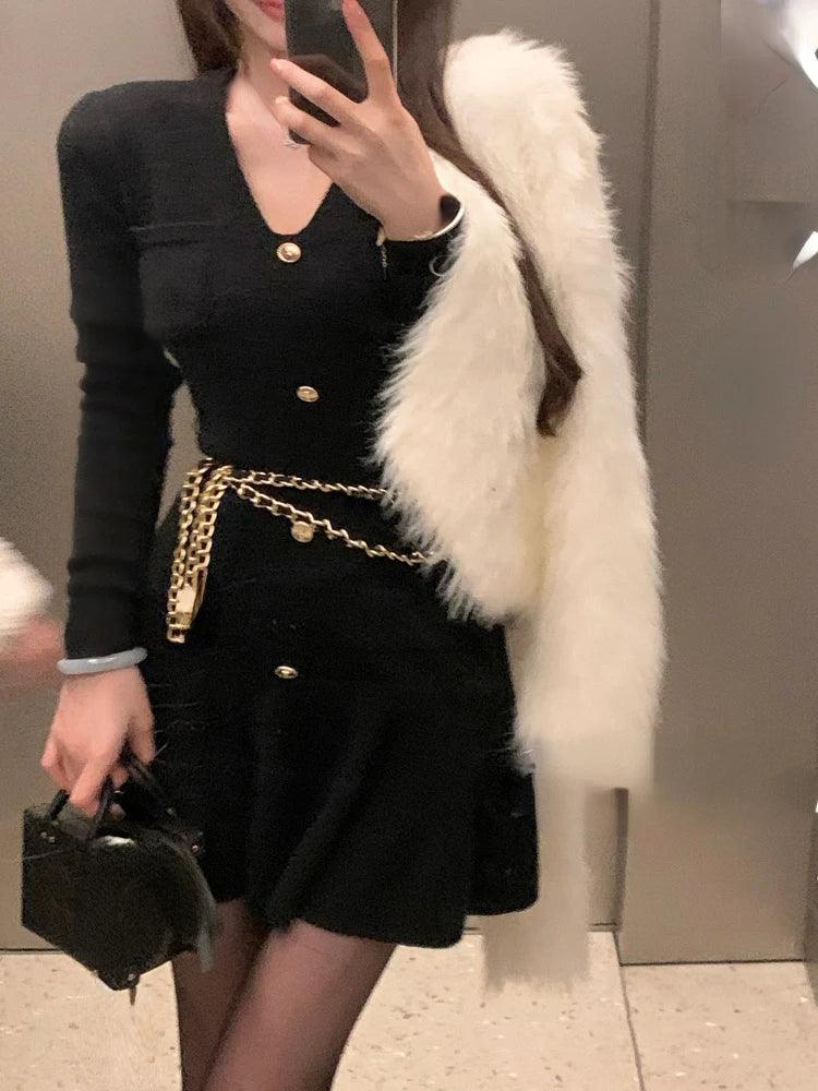 Voguable Casual Autumn White Knitted Sweater Mini Dress Women Black Elegant Lady Dresses Fashion Party Pure Color One Piece Dress voguable