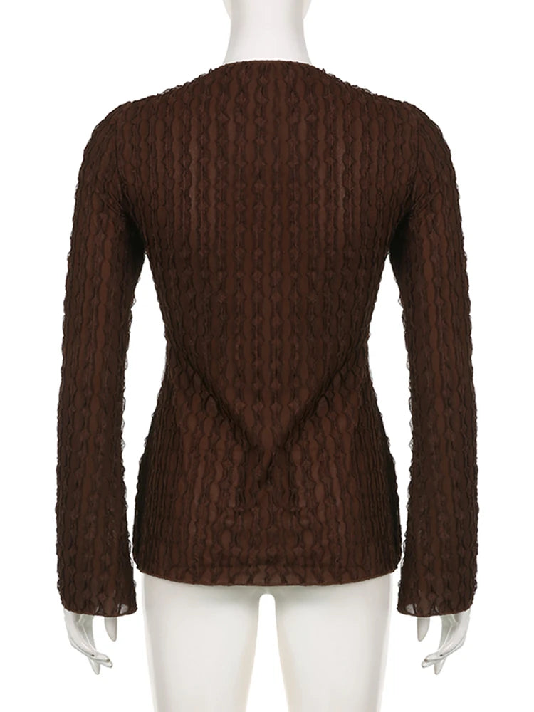 Voguable Lace Butterfly Patchwork Cardigan Top for Women Y2K Aesthetics Brown Bandage Long Sleeve T Shirts Grunge Fairycore voguable