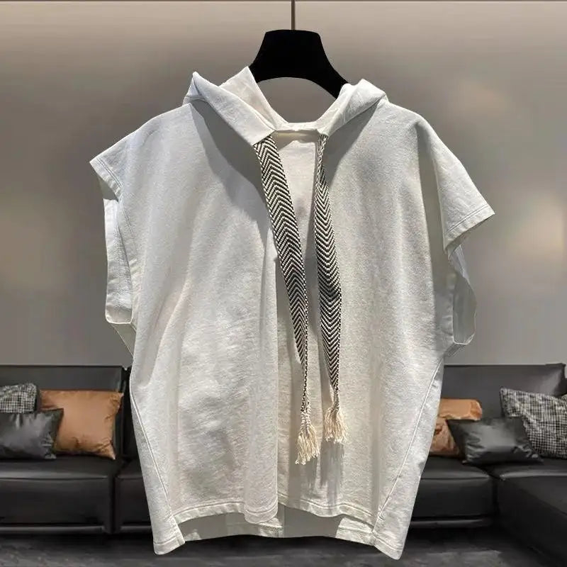 Voguable  Hooded Sleeveless T-shirt Men's Summer New Plus Size Solid Color Loose All-match Vest Tops Street Casual Fashion Men Clothing voguable